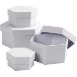 Boîtes hexagonales, blanc, H: 4+5+6+7 cm, d: 6,5+8+10+12 cm, 4 pièce/ 1 set [HOB264070]
