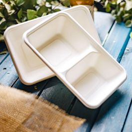 Barquette en canne à sucre, 2 compartiments, 1000 ml, 23x14.5x5 cm (500 pièces) [GB-DFC01296]