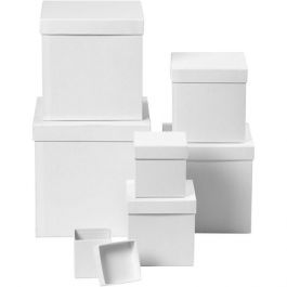 Boîtes carrées, carrées, dim. 7,5+10+13+15+18+20+23 cm, h: 7,5+10+13+15+18+20+23 cm, blanc, 7pièces [HOB50437]