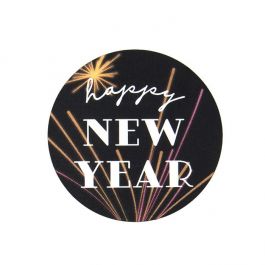 Autocollant rond Happy New Year (rond Noir avec Texte Blanc) 3,8 cm (1 Feuille) [LS1HHNY]