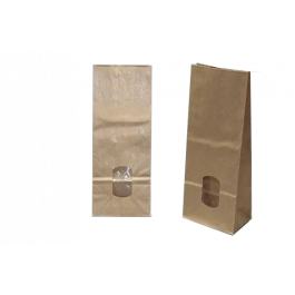 Sac à fond carré en papier kraft blanchi 70g/m2 et fenêtre transparente 30 microns (contenance 200-250 grammes) 8 x 5 x 24 cm (100 pièces) [PAB814]