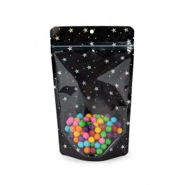Doypack Transparent/Noir Avec étoiles Holographiques 13x7,9x20,6cm Trou Suspension Rond (25 pièces) [ZBGHB3C]