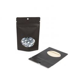 Doypack en papier Kraft Noir avec fenêtre ovale 10.2x6x15.2cm | 57g Trou Suspension Rond (100 pièces) [ZBGO2BKH]